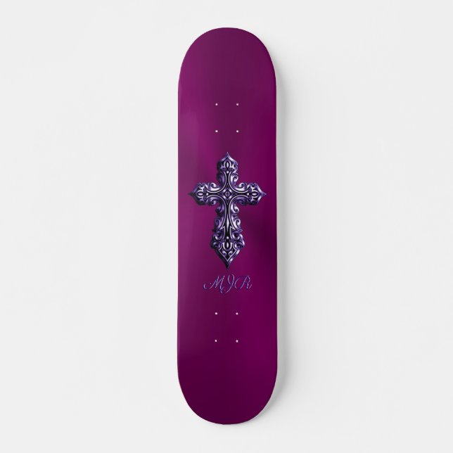 Skate Cruz gótica em roxo com aspecto embutido com monog (Frente)