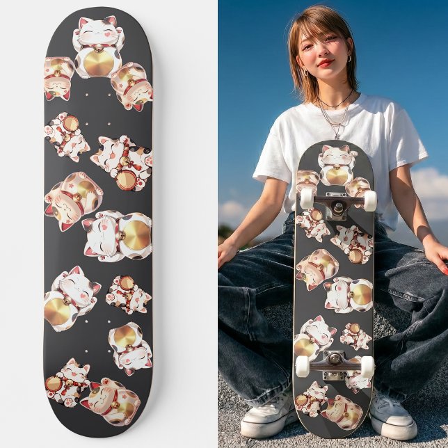 Skate Cute Maneki Neko Japanese Lucky Cat Pattern (Trucks and wheels are customization options and are not included in the price.)
