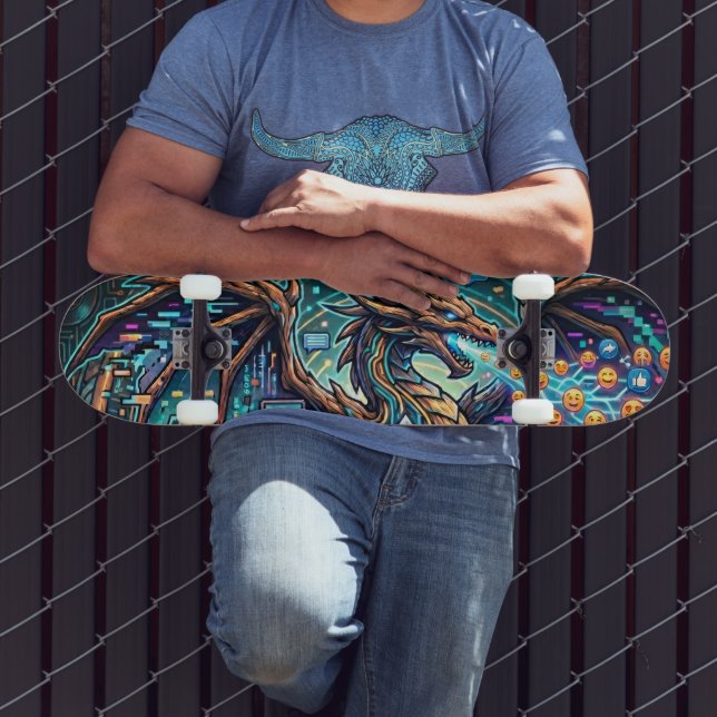 Skate Cyber-Neon Blue Dragon Glitch Art Mural Design (Ao ar livre 3)