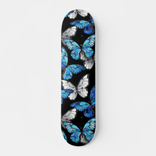 Skate Dark Seamless Pattern with Blue Butterflies Morpho