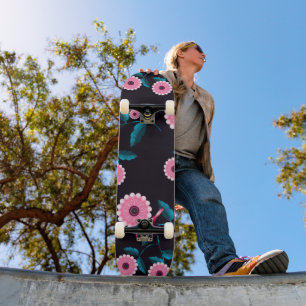 Skate Desenho Botânico Floral de Pássaro Rosa Caprichoso