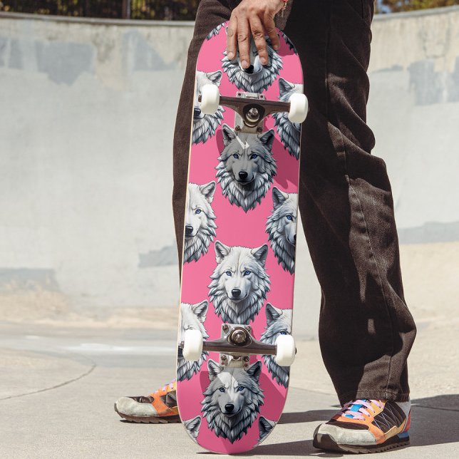Skate Desenho de padrão de cabeça de lobo branco rosa (Criador carregado)