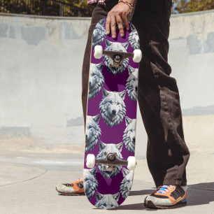 Skate Desenho de padrão de cabeça de lobo branco roxo