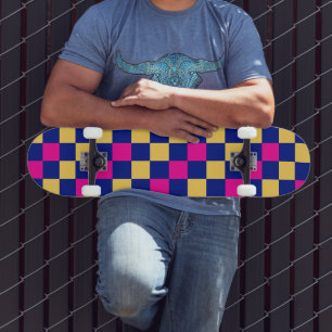 Skate Desenho de padrão xadrez azul amarelo rosa