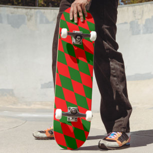 Skate Desenho Xadrez Arlequim Vermelho e Verde