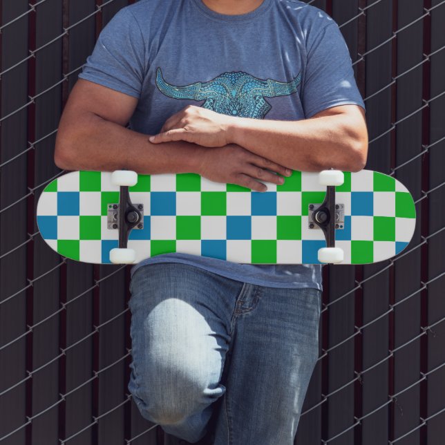 Skate Desenho Xadrez Azul Branco Verde (Ao ar livre 3)