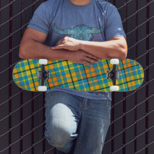 Skate Desenho Xadrez Escocês de Listras Azul Amarelo Lar
