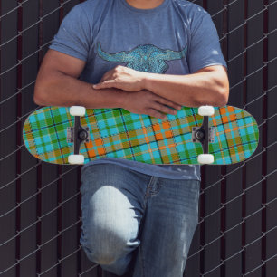 Skate Desenho Xadrez Tartan Laranja Azul Verde