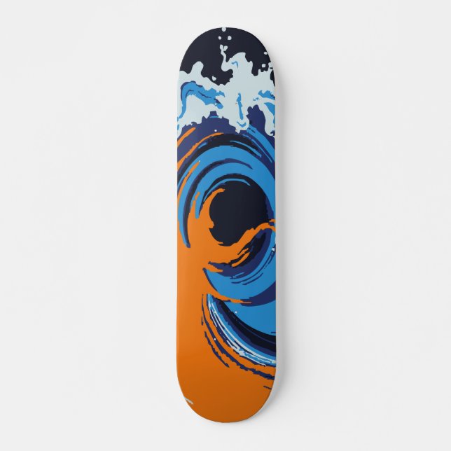 Skate Design Abstrato de Ondas do Oceano em Laranja e Az (Frente)
