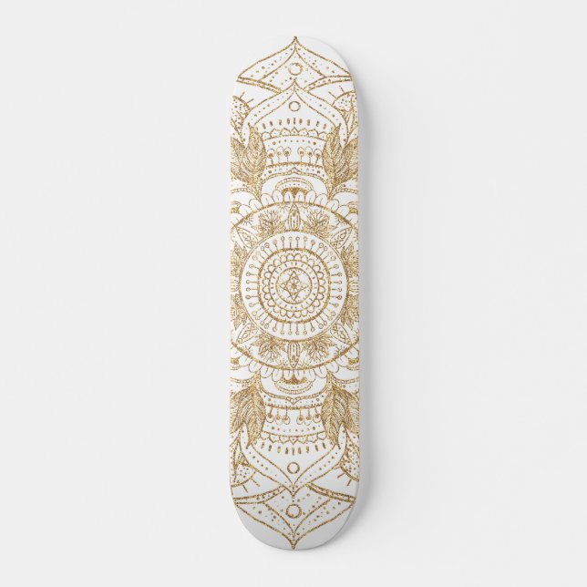 Skate Design de Desenho de Mão de Mandala Branco e Doura (Frente)