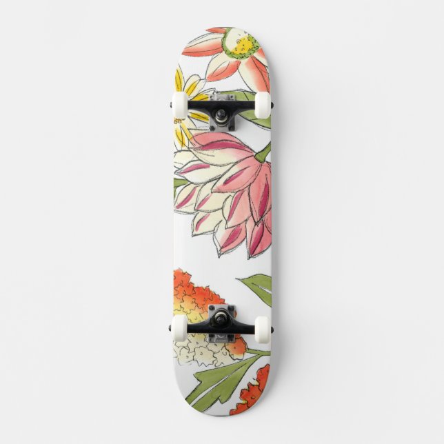 Skate Design de Jardim Floral com Fundo Branco (Frente)