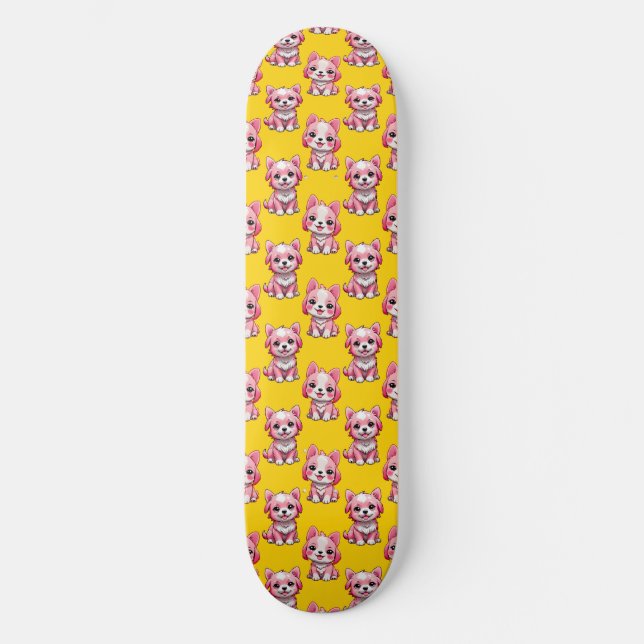Skate Design de Padrão de Cachorro Rosa - Amarelo (Frente)