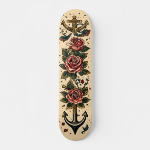 Skate Design de Tatuagem Tradicional, Âncora, Rosas e En