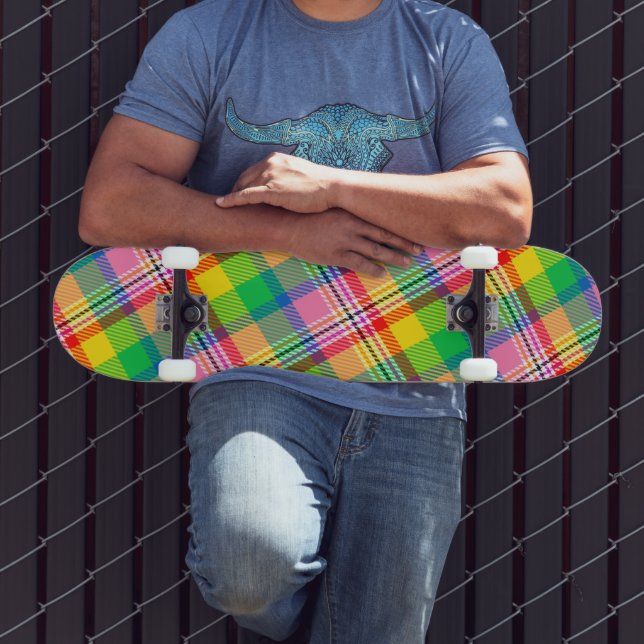 Skate Design de Xadrez Madras Rosa Verde Amarelo (Ao ar livre 3)