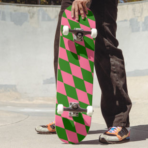Skate Design Xadrez Arlequim Rosa Verde