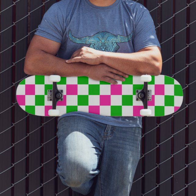 Skate Design Xadrez Rosa Branco Verde  (Ao ar livre 3)
