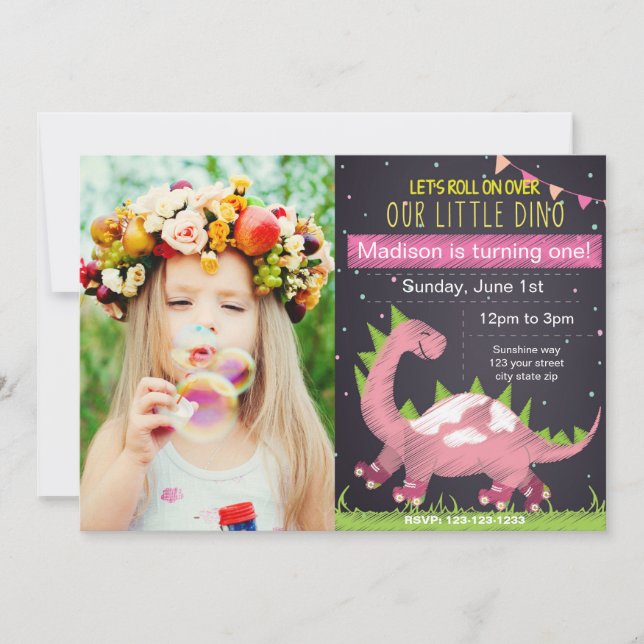 Skate Dino Rosa Convite de Aniversário com Foto (Frente)