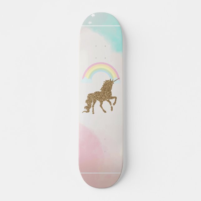 Skate Dourada Glitter Unicorn, Arco-Íris (Frente)