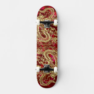 Skate Dragão Dourado Em Relevo em Impressão de Seda Verm