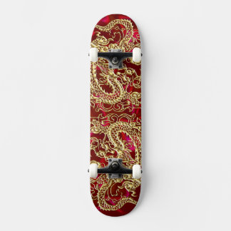 Skate Dragão Dourado Em Relevo em Impressão de Seda Verm