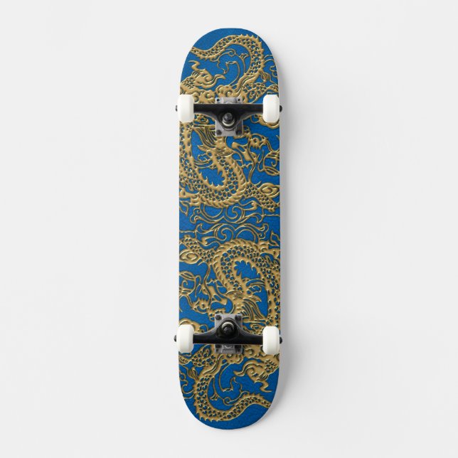 Skate Dragão Dourado na textura de couro azul de Lapis (Frente)