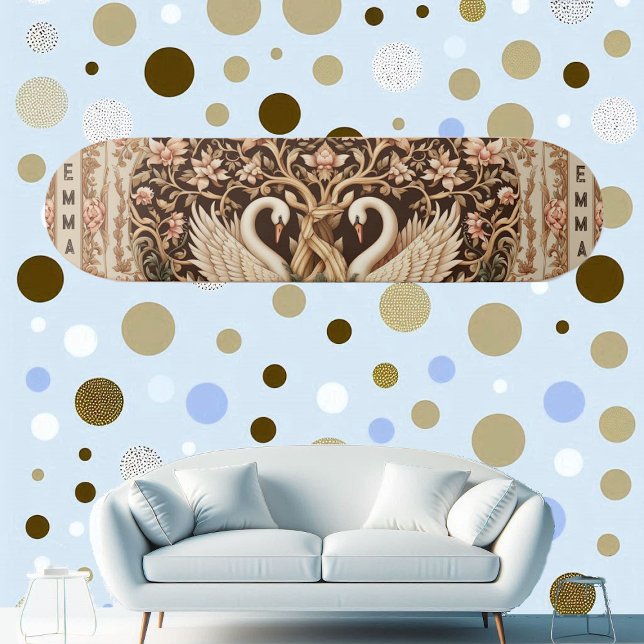 Skate Elegant Symmetry Swan Couple Art Deco Floral Motif (Elegant Symmetry Swan Couple Art Deco Floral Motif Skateboard)