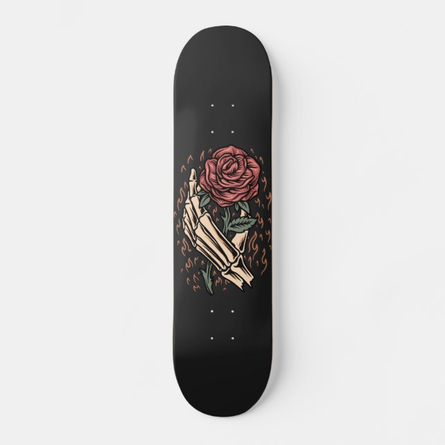 Skate Esqueleto Mão Segurando Floral Gótico Rosa (Frente)