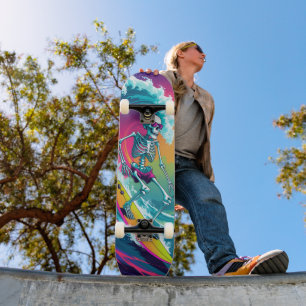 Skate Esqueleto Surfando Colorido Neon Verão