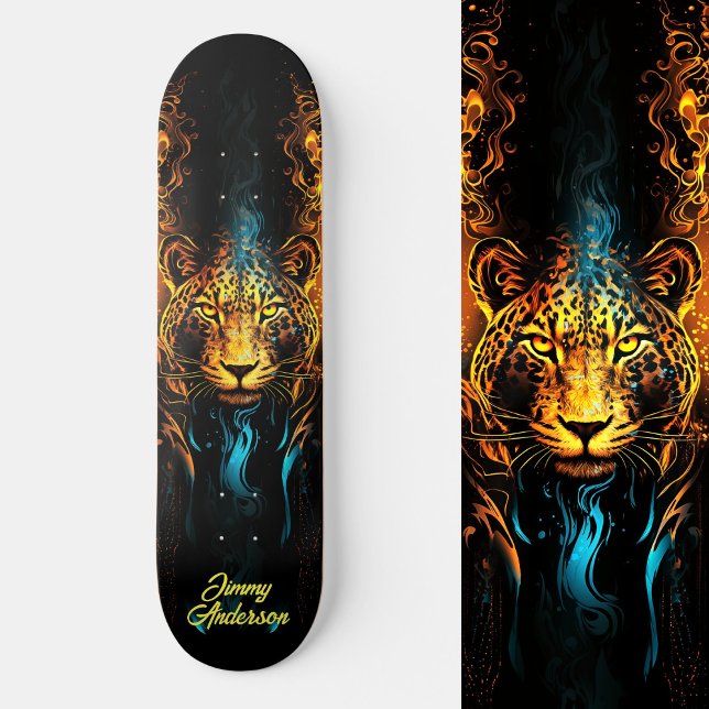 Skate Estilo Legal Azul e Amarelo brilhante (Fiery Glowing Tiger Blue & Yellow Cool Style Skateboard)
