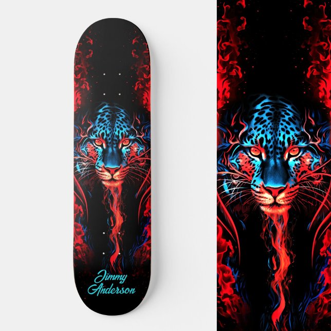 Skate Estilo Legal Azul e Vermelho Brilhante (Fiery Glowing Tiger Blue & Red Cool Style Skateboard)