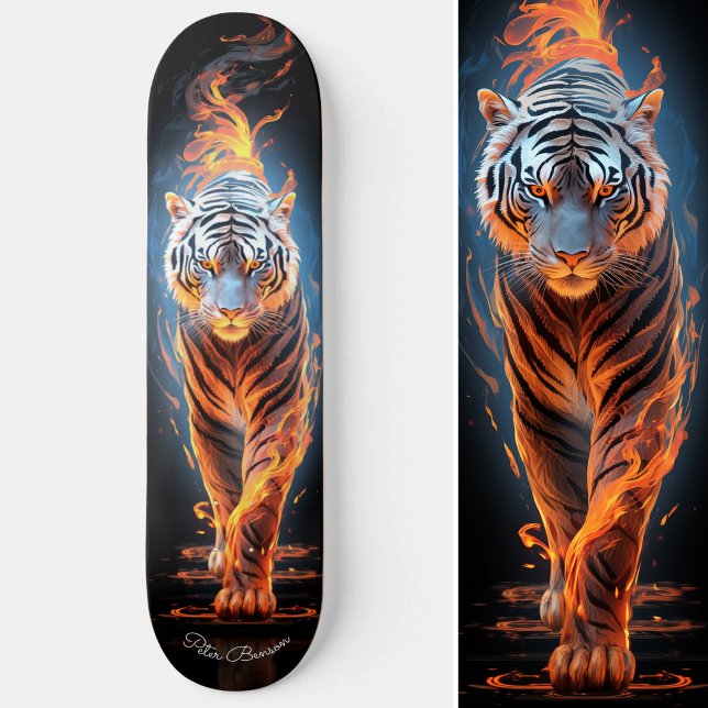 Skate Estilo Legal brilhante branco e azul brilhante (Fiery Tiger White & Blue Glowing Cool Style Skateboard)