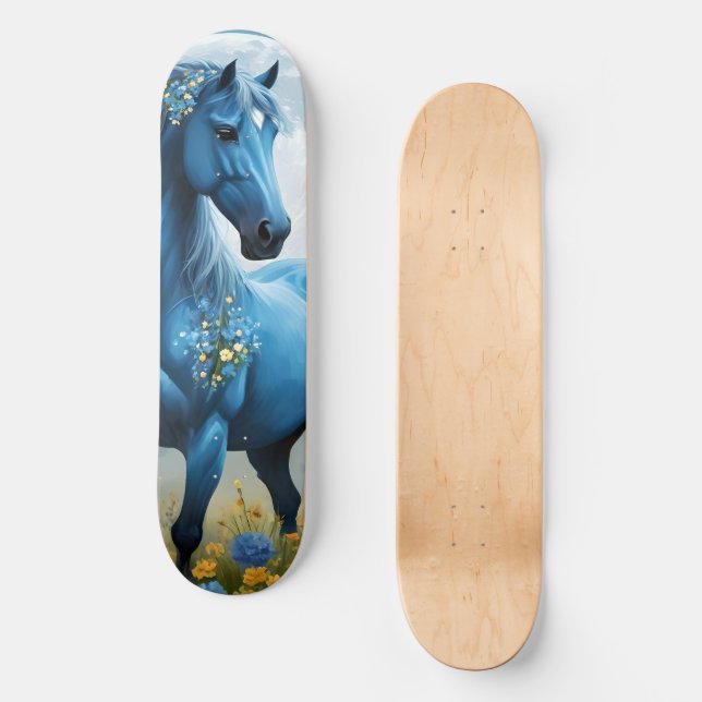 Skate Fantasia Azul Cavalo Mágico Flores da Lua, (Frente)