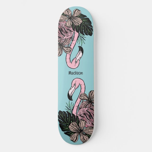 Skate Flamingo Cor-de-Cor e Nome Personalizado (Frente)