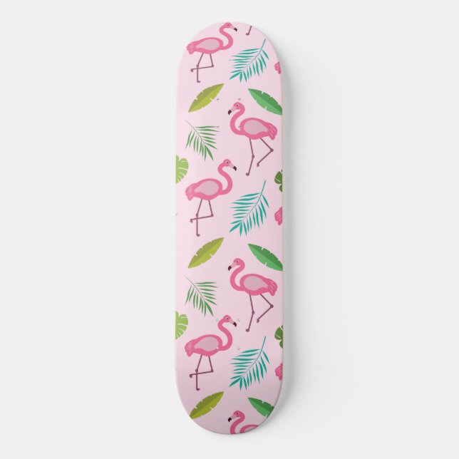 Skate Flamingo rosa-claro com padrão de folhas tropicais (Frente)
