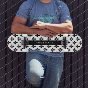Skate Fleur de Lis, Preto no Branco, Preto, Seu Nome