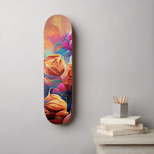 Skate Floral Abstrato Art Laranja Vermelho Azul Flores