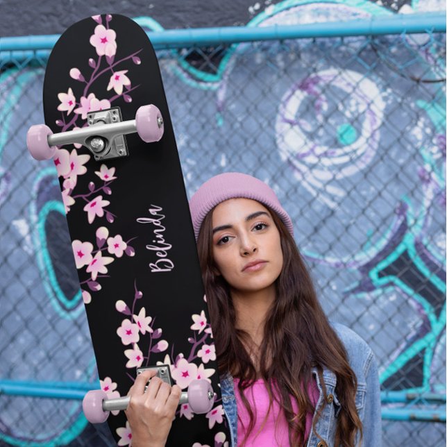 Skate Floral Cereja Blossom Monograma Negra Rosa Menina (Criador carregado)