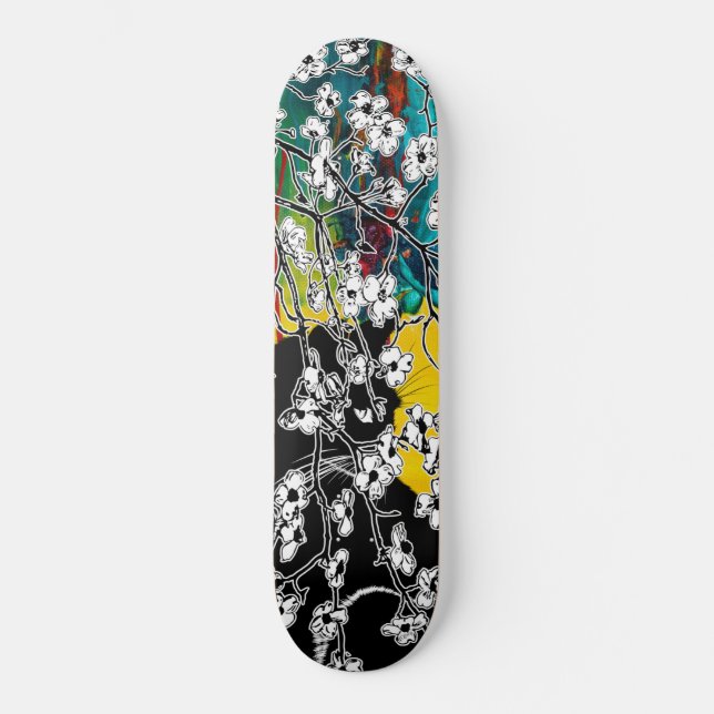Skate Floral de Abstrato de Gato Preto de Cereja (Frente)