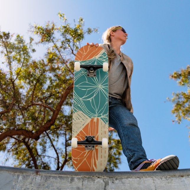 Skate Flores Abstratas Azul-turquesa, Laranja e Bege (Ao ar livre 1)