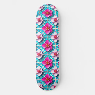Skate Flores Cor-de-Rosa em um Fundo Geométrico Azul
