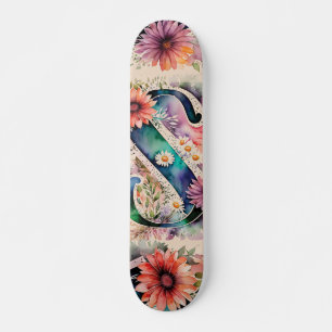 Skate Flores de Aquarelas de Pastel e Joias Monograma S