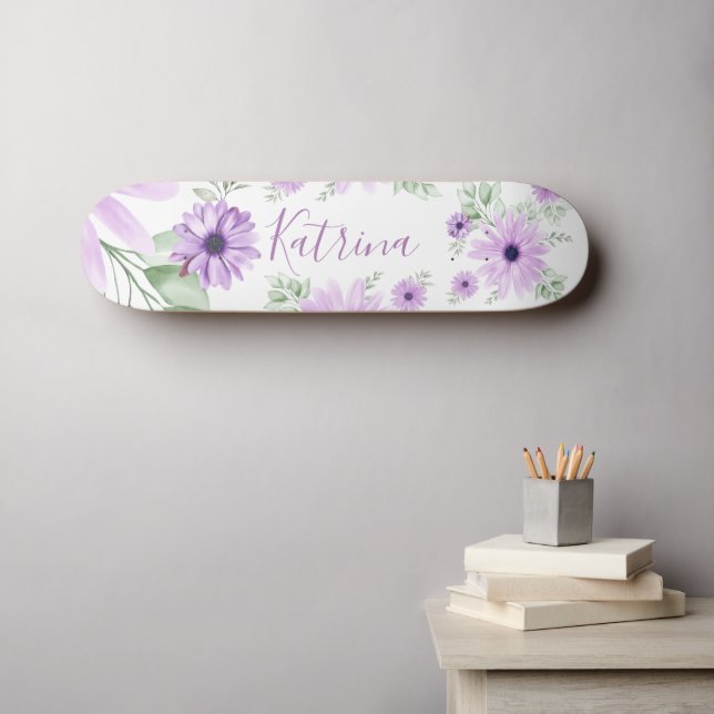 Skate Flores de Aquarelas Verdes Violetas Personalizadas (Arte de parede (Horz))