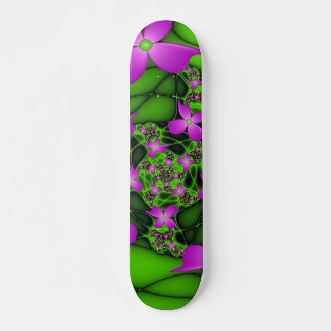 Skate Flores Fractais Modernas Abstratas Rosa Verde Neon (Frente)