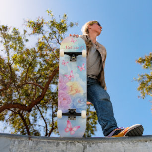 Skate Flores Pastéis & Borboletas Rosa Nuvens Arco-Íris