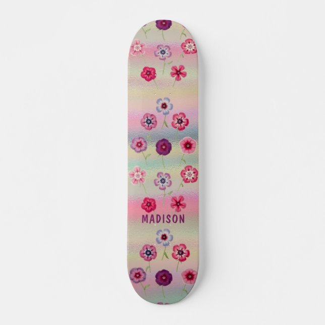 Skate Flores Roxas Rosa Iridescentes Modernas Iridescent (Frente)