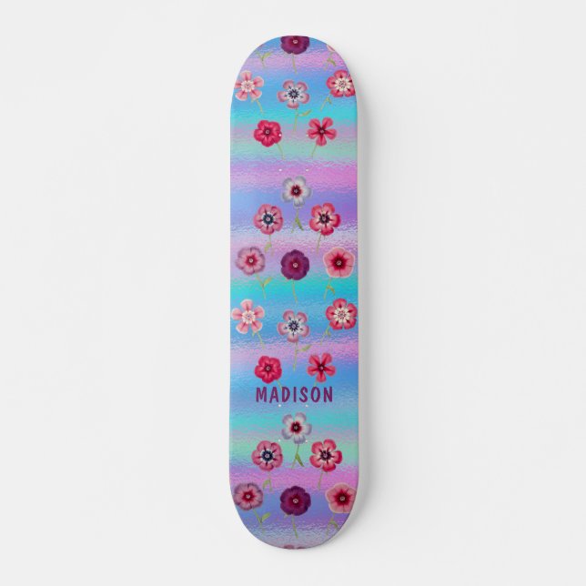 Skate Flores Roxas Rosa Iridescentes Modernas Iridescent (Frente)