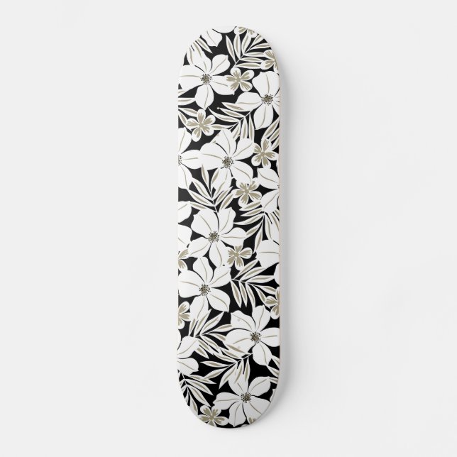 Skate Flores tropicais brancas em preto (Frente)