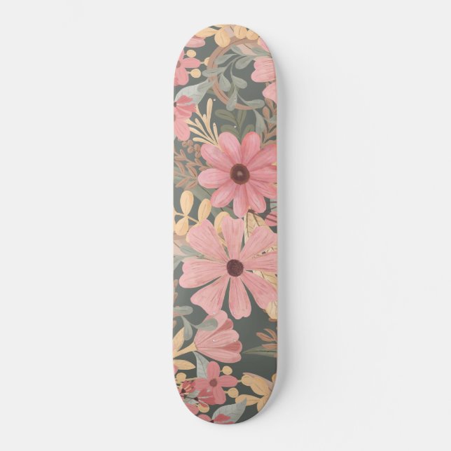 Skate Flores Verdes Rosa Sage Deixam Padrão De Aquarela (Frente)