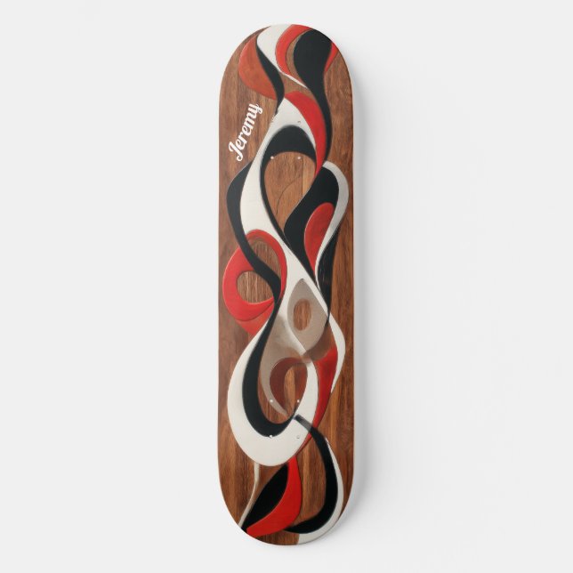 Skate Flowing abstract black, red, white on walnut (Frente)
