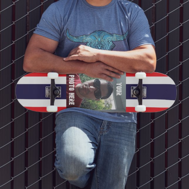 Skate Foto/ Texto personalizado vermelho, branco e azul (Ao ar livre 3)
